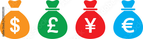 Money Bag Icons. Money Bag and Currency Sign Vector Icon Set. USD, EUR, JPY, GBP Icon. Editable Stroke isolated on white background