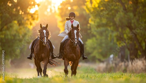 Two riders on horses at sunset