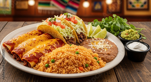 Tex-Mex Combo Platter with Enchiladas, Tacos and Rice