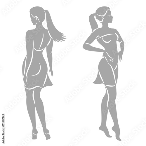 Collection. Silhouette of a woman in style. The girl is slim and beautiful. Lady suitable for aesthetic decor, posters, stickers, logo. Vector illustration set.