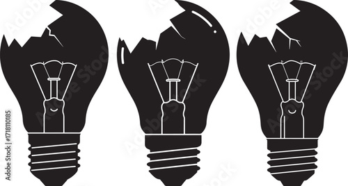 Three broken light bulb silhouettes symbolizing failed ideas or innovation silhouette