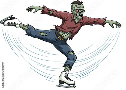 Cartoon zombie ice skating, funny undead character, Halloween horror illustration, spooky figure on ice, animated vector art