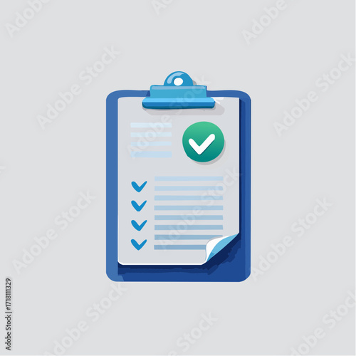 Blue clipboard with a checklist and a green checkmark, indicating a completed task.
