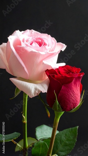 Two roses, pink and red, on black background