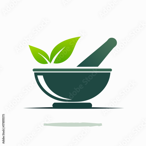 Stylized logo of a mortar and pestle with green leaves, symbolizing natural medicine and herbal remedies.
