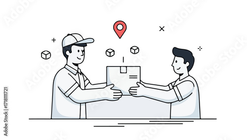 A delivery person handing a package to a recipient, with location marker overhead.
