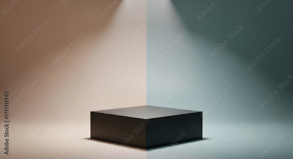 Fototapeta premium A minimalist black cube pedestal sits centered in a studio with soft spotlights illuminating the scene