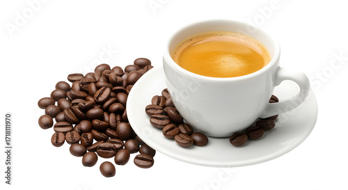 Rich espresso in a white cup with scattered coffee beans, offering a moment of warm morning indulgence.