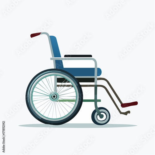 A detailed illustration of a blue and silver manual wheelchair with large rear wheels and smaller front casters, set against a plain white background.