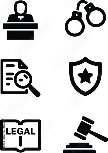 Legal Symbols Depicting Various Aspects of the Justice System Including Law Enforcement, Legal Processes, Legal Knowledge, and Judicial Proceedings