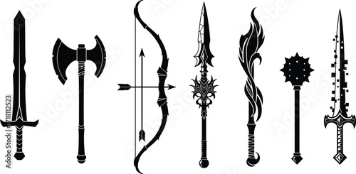 Black silhouette vector set of medieval and fantasy weapons including sword, battle axe, bow with arrow, spear, flaming sword, mace.
