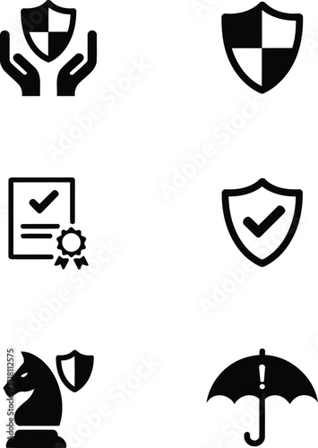 Diverse Insurance Icons Depicting Protection Coverage Assurance Policy Approval and Strategic Planning Represented by Hands Shield Certificate Knight and Umbrella Against Risk and Uncertainty