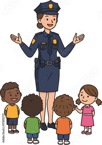 Female police officer teaching diverse children, community safety education, kids learning about law enforcement, friendly cop, school outreach program