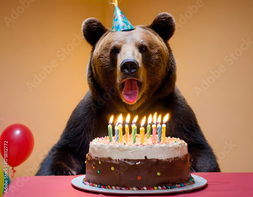 Bear is sitting in front of a lit birthday cake. The bear is licking its lips and he is enjoying the cake, bear with happy birthday