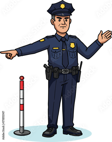Male police officer directing traffic, traffic control, law enforcement, uniformed cop, road safety, public order, cartoon illustration, security guard, authority figure, urban safety
