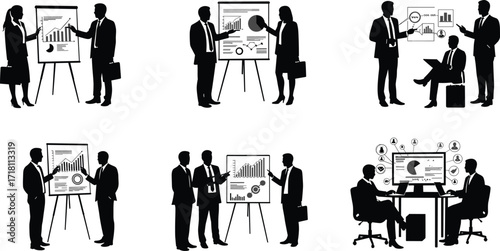 Business professionals teamwork presentation with charts graphs analysis meeting collaboration strategy data visualization office communication planning report discussion growth success