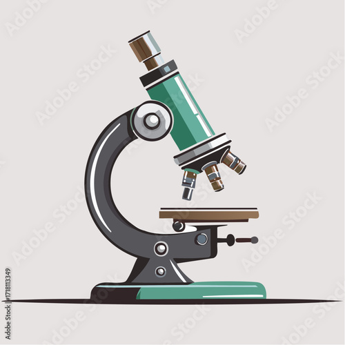 A detailed illustration of a vintage compound microscope with a teal body and grey base, used for scientific observation and research.