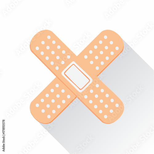 Two crossed adhesive bandages, light peach color, with white dots and a white rectangle in the center of each bandage, on a white background with a drop shadow.