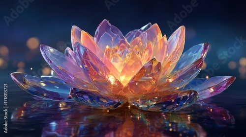 Illuminated crystal lotus flower radiating warm and cool colors on a dark reflective surface