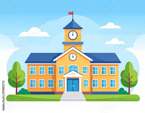 Cartoon school building with an outdoor scene