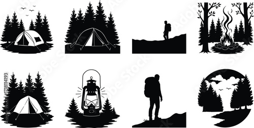 Camping and Hiking Silhouette Vector Icons Set Featuring Tent, Lantern, Backpacker, Campfire, Forest Trail, and Outdoor Adventure Elements