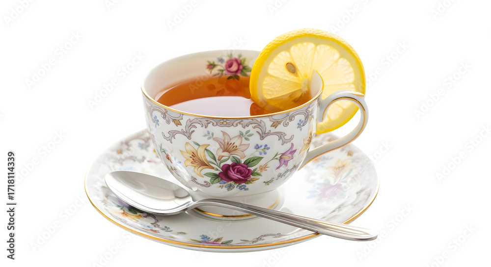 Fototapeta premium A delicate porcelain teacup filled with warm amber tea, garnished with a bright lemon slice.