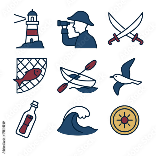 Nautical themed vector icon set with lighthouse, boat, and sea elements  