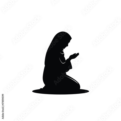 Silhouette of a woman in prayer kneeling with hands raised in devotion