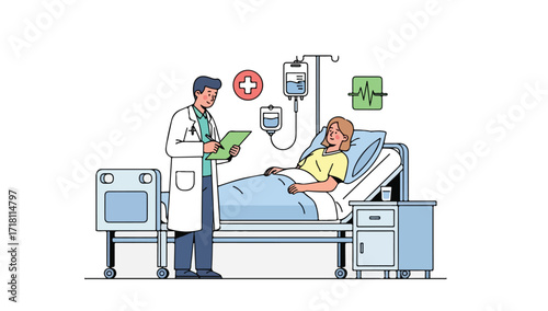 Doctor consults with a patient lying in a hospital bed, surrounded by medical equipment.