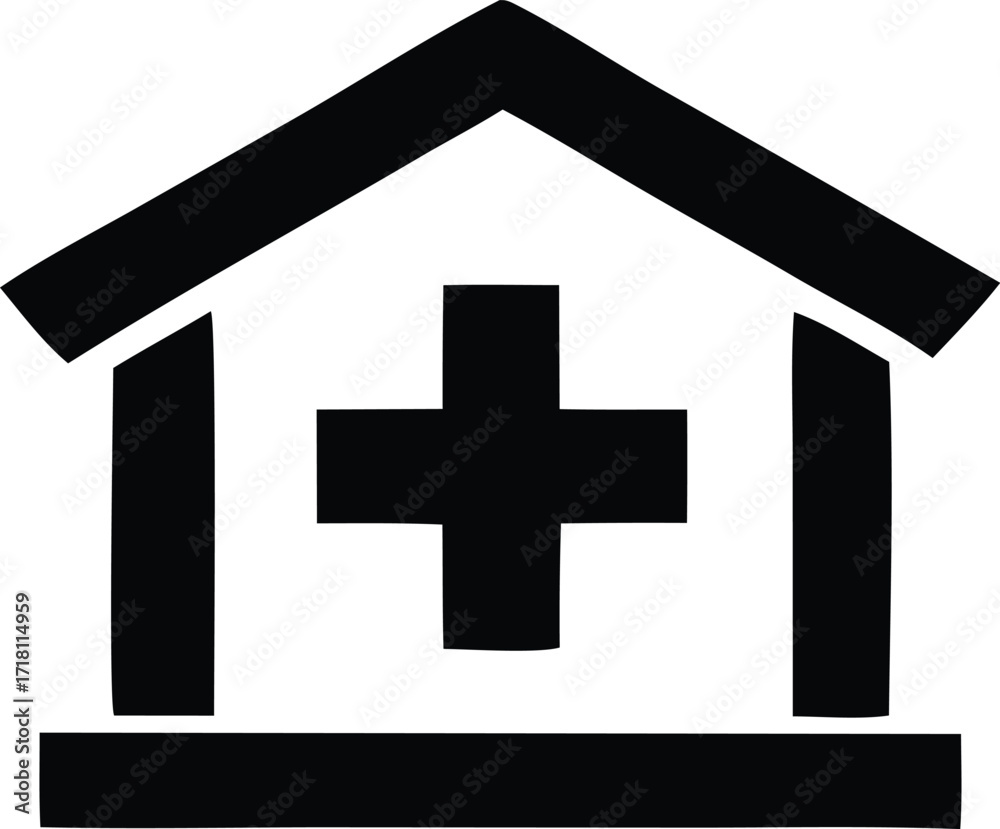 Obraz premium Simple black silhouette icon of a hospital building with a medical cross symbol inside for healthcare services and medical care