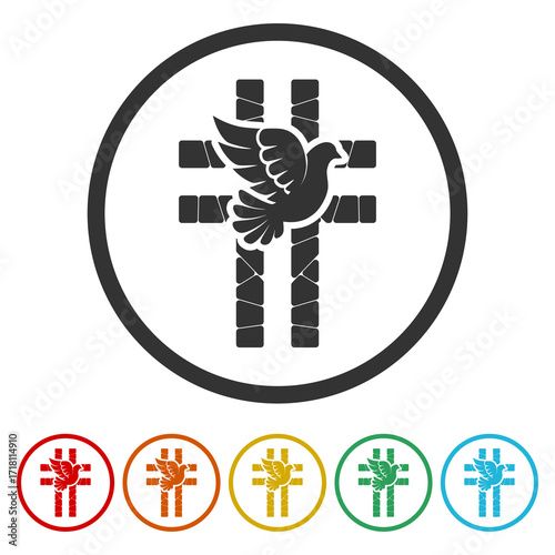 Dove and Christian cross icon. Set icons in color circle buttons