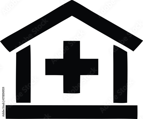 Simple black silhouette icon of a hospital building with a medical cross symbol inside for healthcare services and medical care