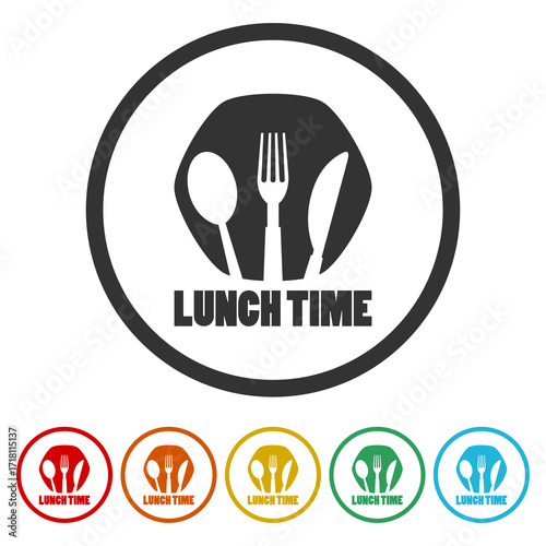 Lunch time icon logo. Set icons in color circle buttons