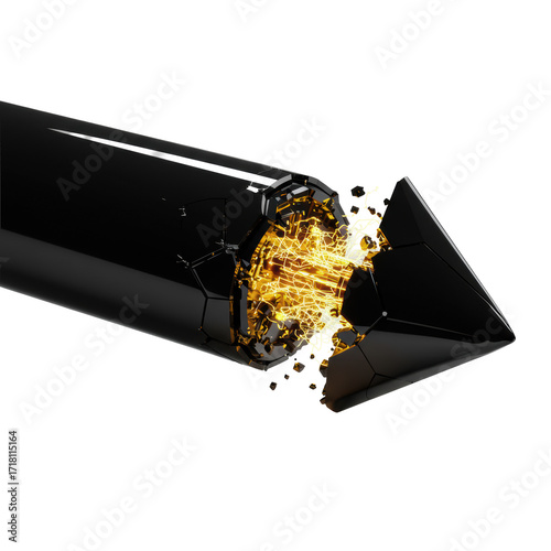 A fractured black arrow reveals pulsating golden energy and glowing micro-circuitry in a dramatic macro shot, isolated on a transparent background with soft shadows, concept of high-tech revelation