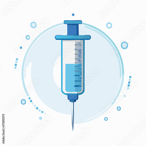 A medical syringe filled with light blue liquid.