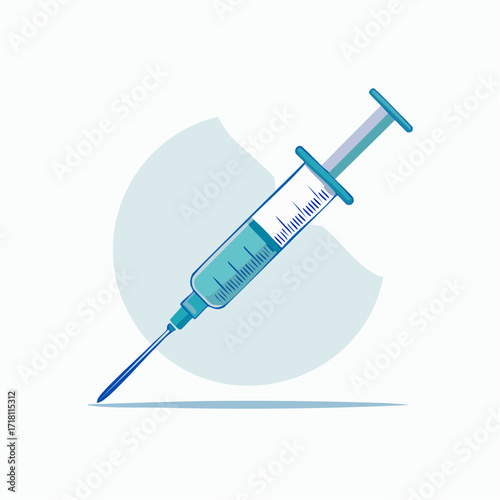 An illustration of a medical syringe filled with blue liquid, representing vaccination or medical treatment.