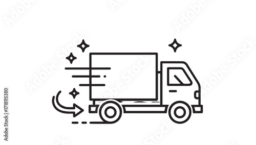 A stylized black and white illustration of a delivery truck in motion, with speed lines and sparkles.