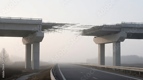 In a foggy morning, a highway stretches beneath an unfinished bridge. The structure shows exposed steel and missing sections, highlighting the halted construction work