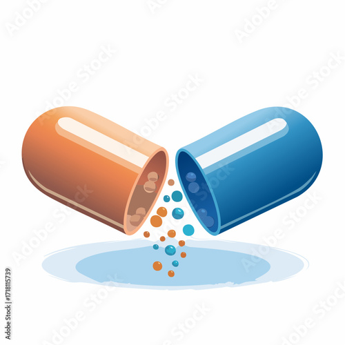 Open capsule with blue and orange halves and medicine spilling out.