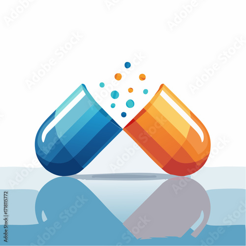 Two halves of a split pill capsule, vibrant blue and orange, reflecting on a water surface, suggesting a medical or pharmaceutical concept.
