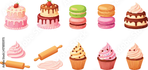 Cartoon Bakery and Dessert Icons Featuring Cakes, Macarons, Cupcakes, Whipped Cream, Rolling Pins, Frosting Smears, and Sweet Treats
