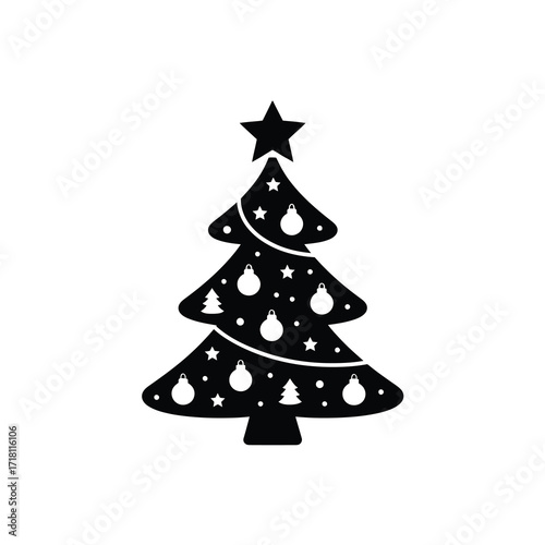 Simple stylized silhouette of a decorated christmas tree with a star topper