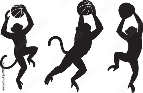 Three playful monkeys in silhouette holding basketballs and jumping silhouette