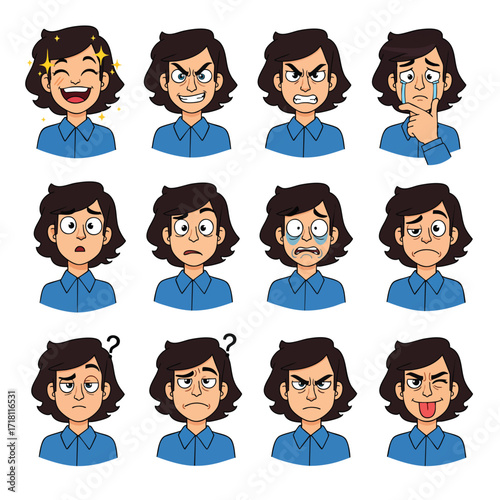 A collection of a young cartoon womans facial expressions showing various emotions like happiness anger sadness and confusion.