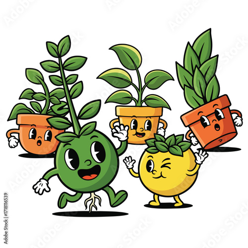 A cheerful group of animated plant characters in pots and a walking sprout with retro cartoon faces.