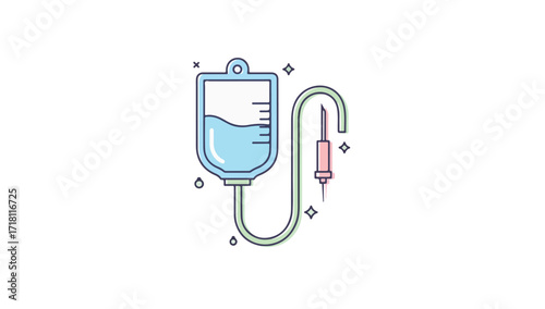 Intravenous drip bag with attached needle, medical illustration.