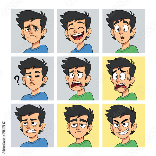 A collection of nine cartoon facial expressions of a young man showing various emotions like sadness joy anger and surprise.
