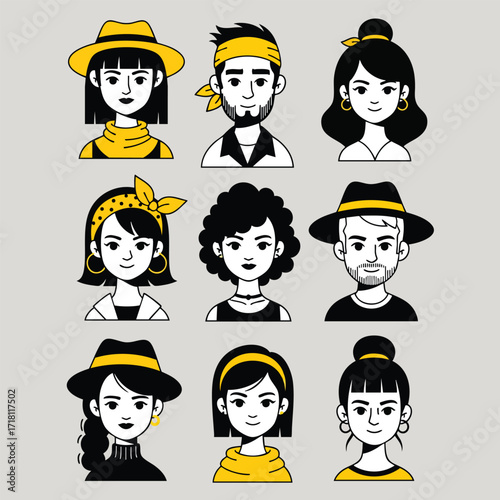 A collection of nine diverse handdrawn cartoon character portraits with yellow accents.