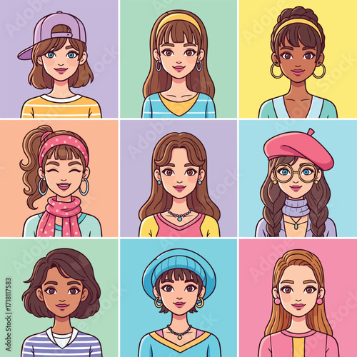 A collection of nine diverse cartoon portraits of young women and girls in a colorful grid.