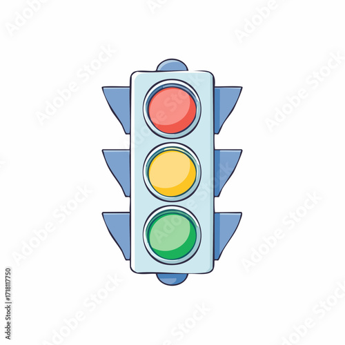 Cartoon illustration of a traffic light showing red, yellow, and green lights.